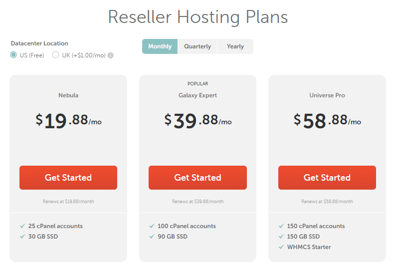 screenshot of reseller hosting plans
