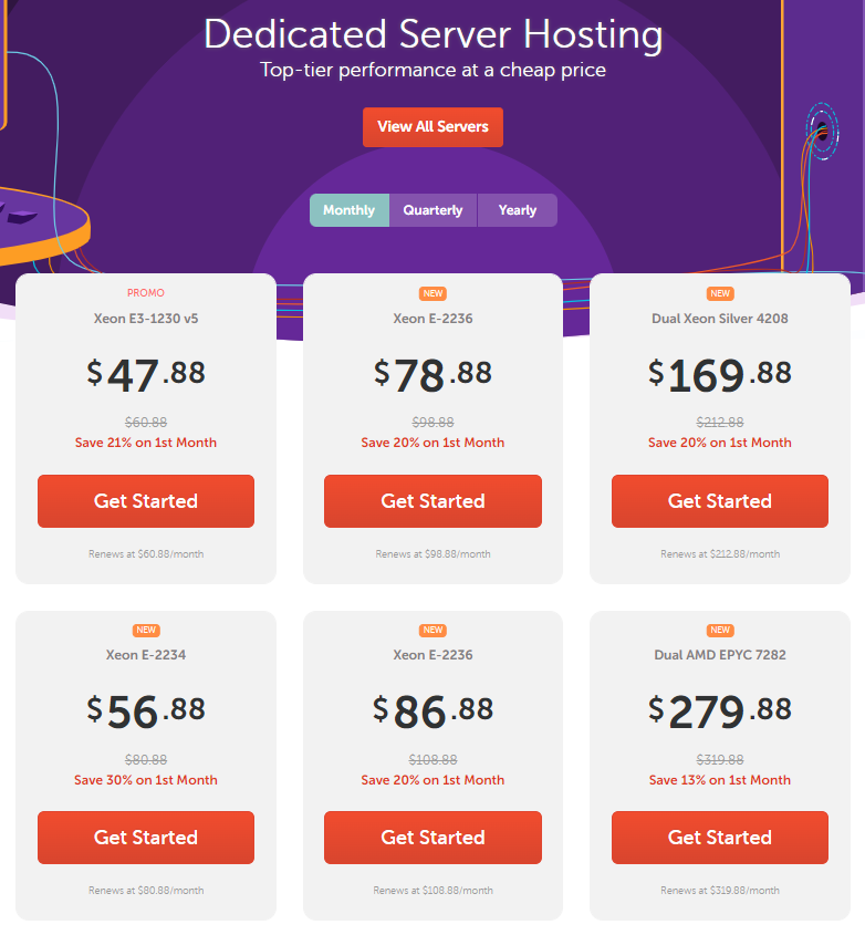 screenshot of dedicated server plans